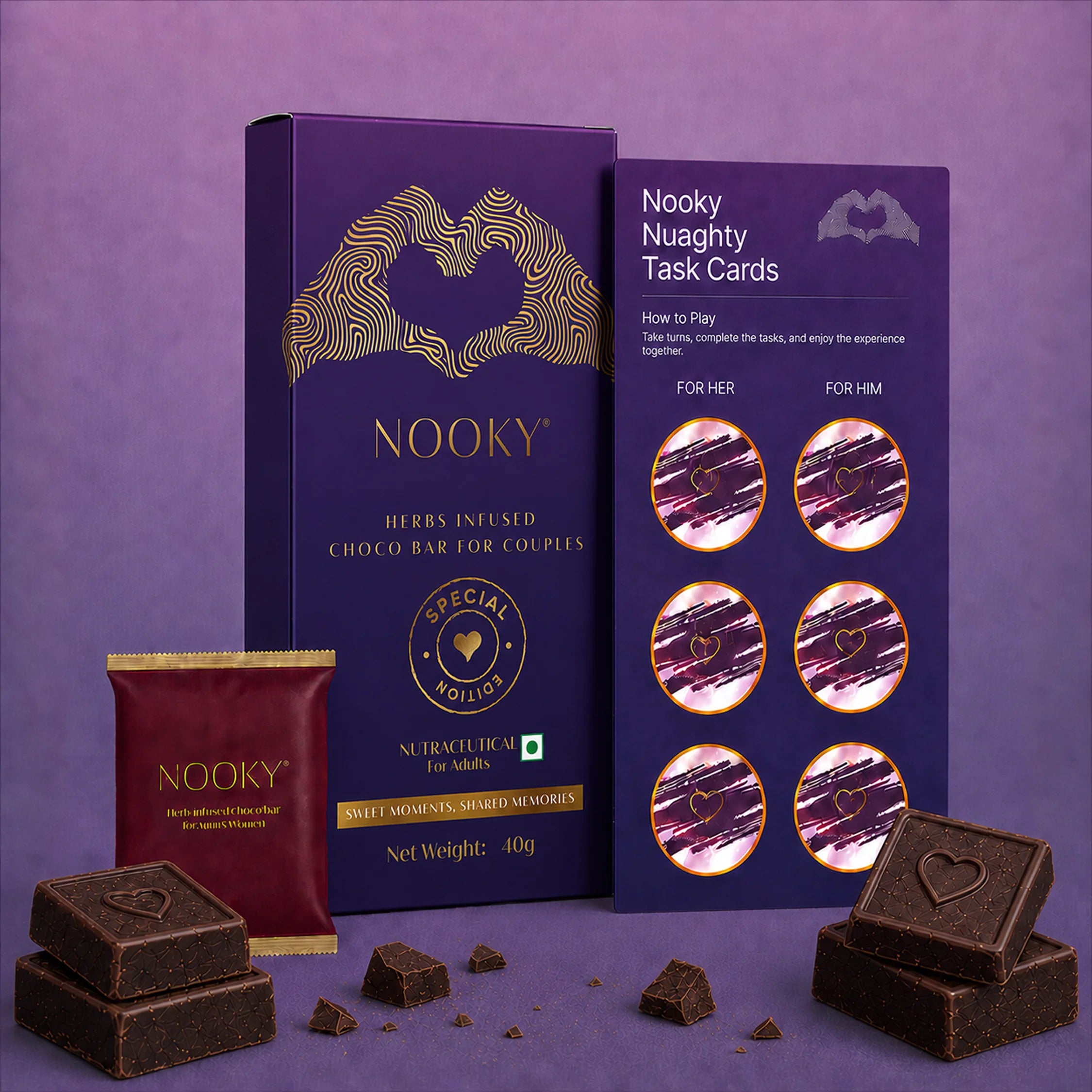 Nooky Special Edition Gift kit | Herb Infused Choco Bar for Couples + Naughty Task Cards